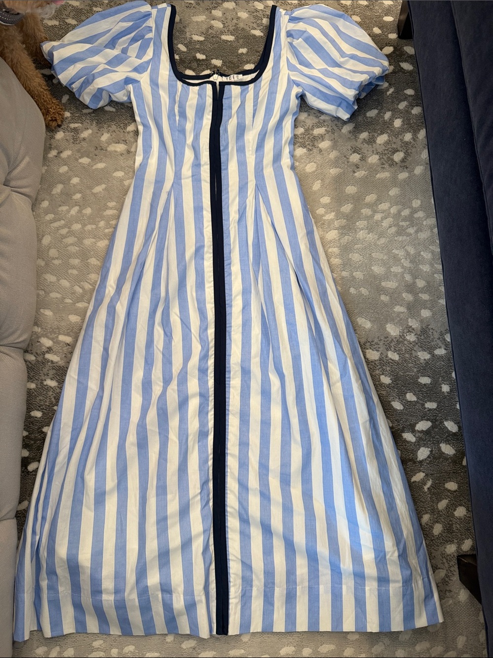 Light Blue & White Striped Puff-Sleeve Midi Dress